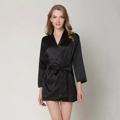 Женские пикантные Sleepdress+ халат 2 шт. одеяние и платье комплект Новое поступление кружева лоскутное шелковые пижамы больших размеров повседневная домашняя одежда - Цвет: Черный