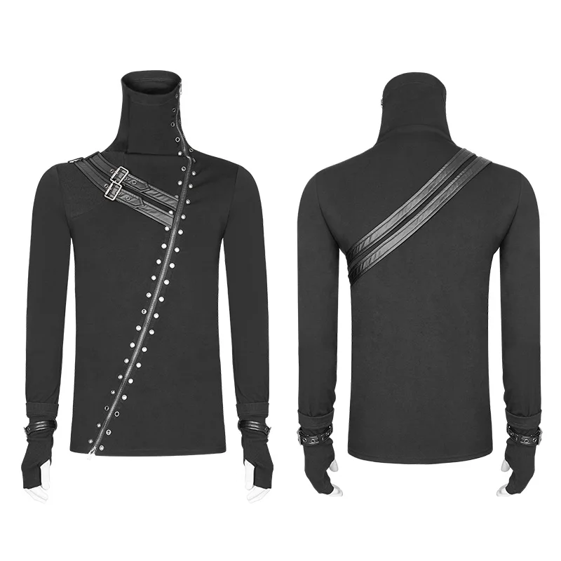 Punk Rave Rock Black Fashion Casual Gothic Steampunk Long Zipper Turtleneck Men's T-shirt WT527