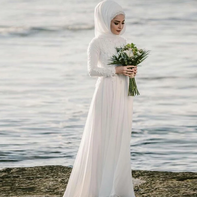 Длинные рукава мусульманские свадебные платья с хиджабом А-силуэт принцесса драгоценность Аппликация шифон Длина до пола арабский gelinlik