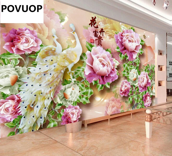 

POVUOP diamond embroidery 100X40cm full diamond embroidery Peacock Peony painting round diamond cross stitch