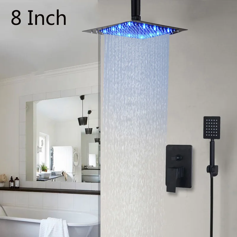 8 inch LED Shower A Monite 8 16 LED Bathroom Shower Faucet Set Black Paint Brass Mixer Tap W/ Waterfall 2-Functions Rainfall Shower Head Set Faucet - Цвет: 8 inch LED Shower A