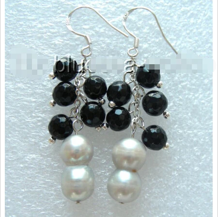 

Hot selling> AMAZING gray nautral pearls & black agate earrings 925s b1139Noble style Natural Fine jewe fast SHIPPING -Bride jew