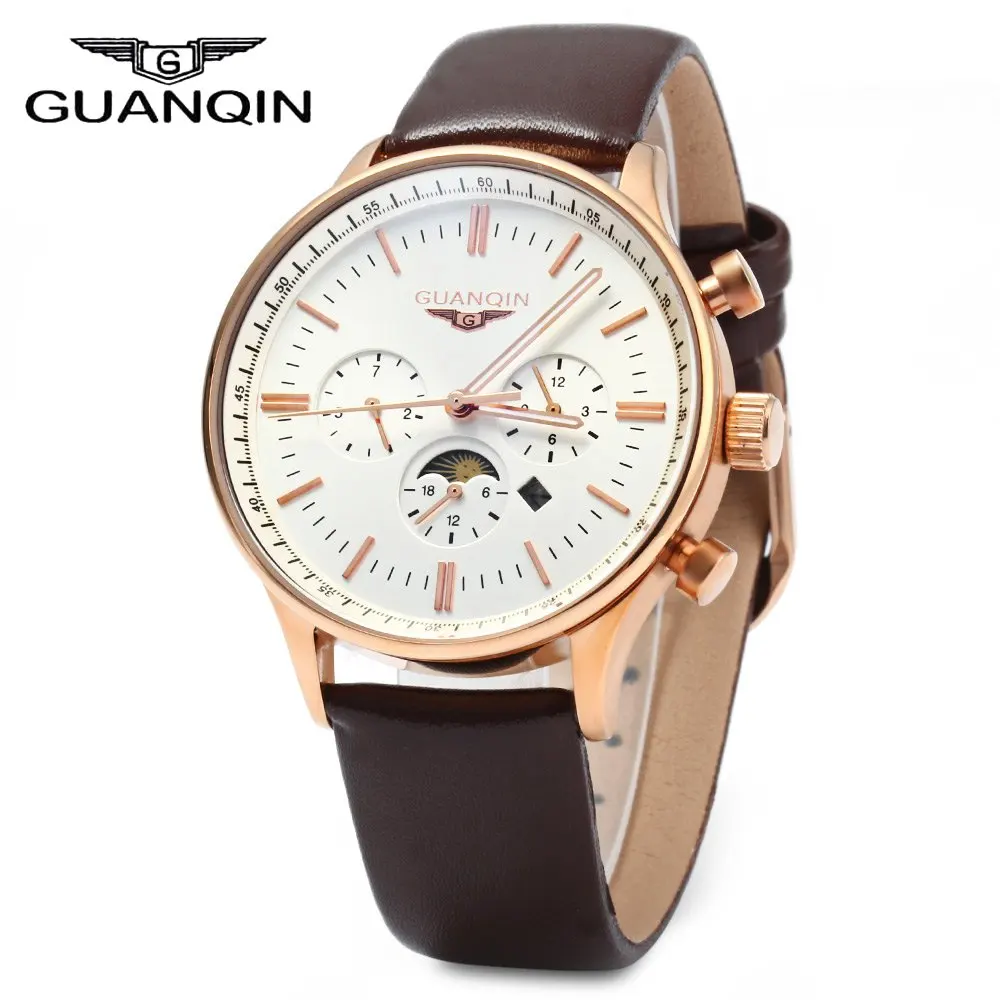 GUANQIN Men Leather Quartz Watch with Calendar Display Moving Three Sub dials