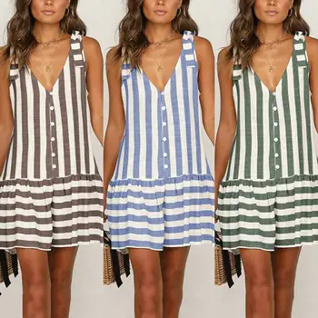 

Women Summer Sexy Striped Sleeveless V Neck Single Breasted Loose Mini Dress New Chic Vintage