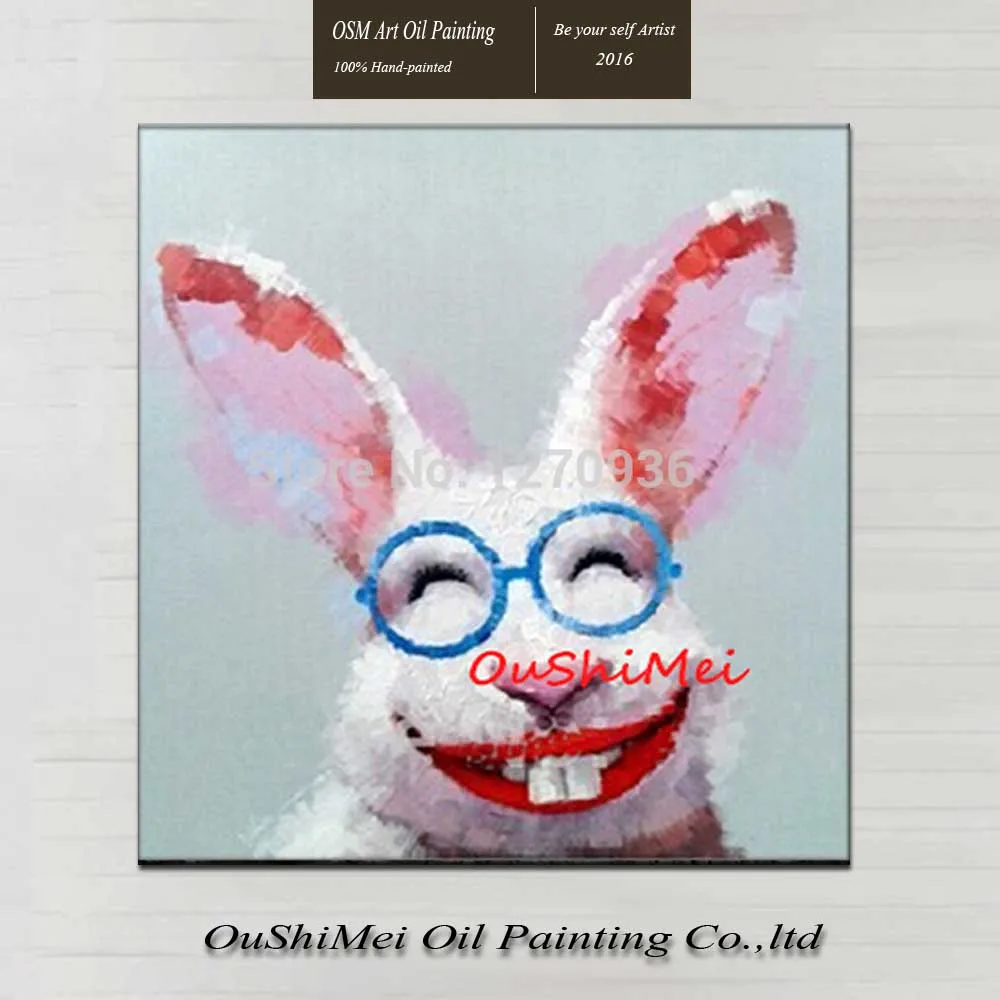 

Handmade Modern Abstract Lovely Glasses Rabbit Picture Hand-painted Fine Wall Artwork Animal Canvas Oil Painting for Kid Room