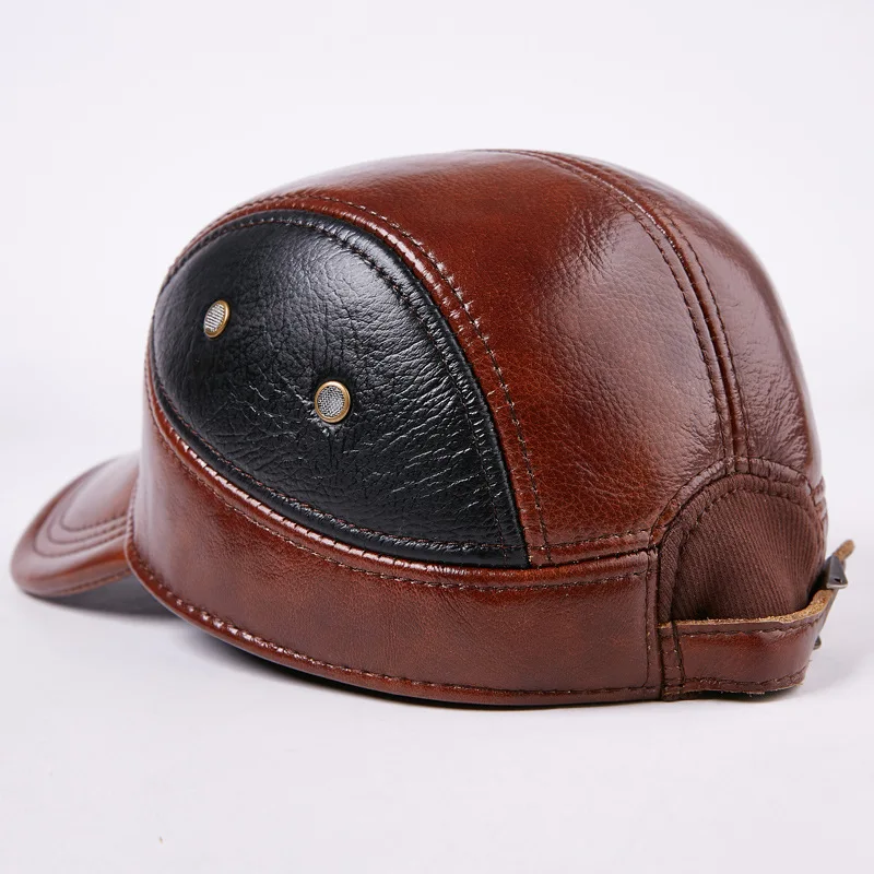 New Arrival Autumn Winter Leather Hat Men's Genuine Leather Hat Ear Protection Warm Peaked Thickening Cap Elderly Hat  B-7193