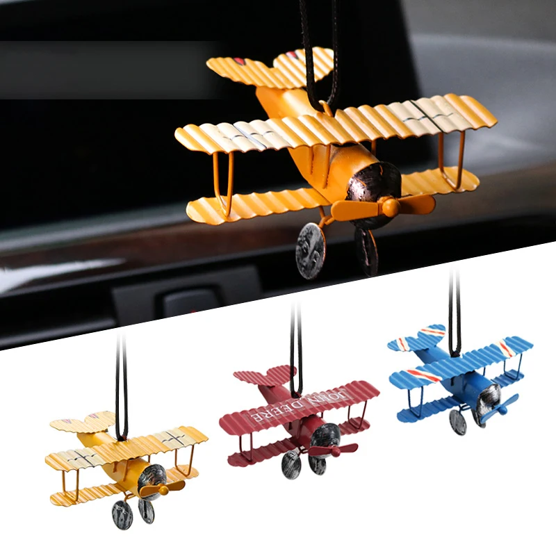 Yellow Small Metal Biplane Plane Charm Pendant Toy for Car Hanging Ornament 