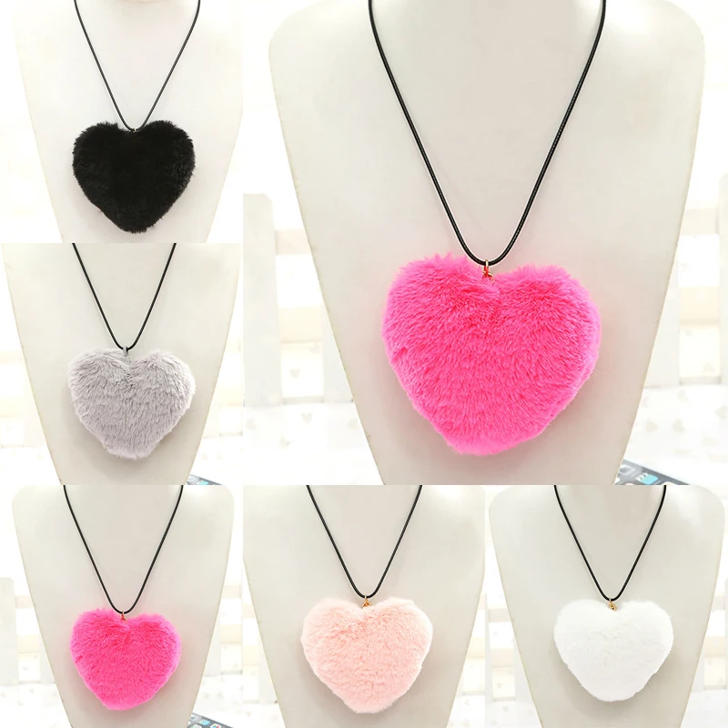 

New Love Heart Faux Fur Necklace Pendants Women,Boho Fur Pom Pom Neckalce 2017 Neck Collier Costume Jewelry