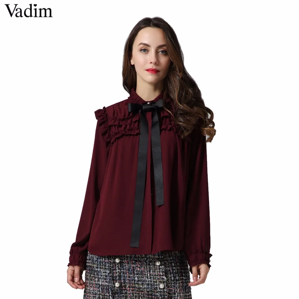 

Vadim women sweet ruffled chiffon shirts bow tie neck transparent pleated long sleeve cute blouse casual chic tops blusas LT2453