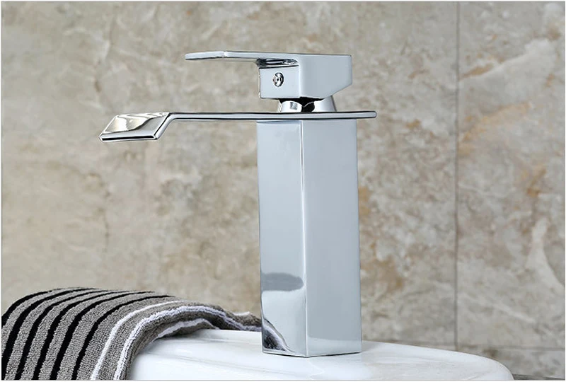 Modern Brass Square Waterfall Bathroom Sink Faucets Silver Color Basin Water Tap Mixers With Chrome Finish 1209C