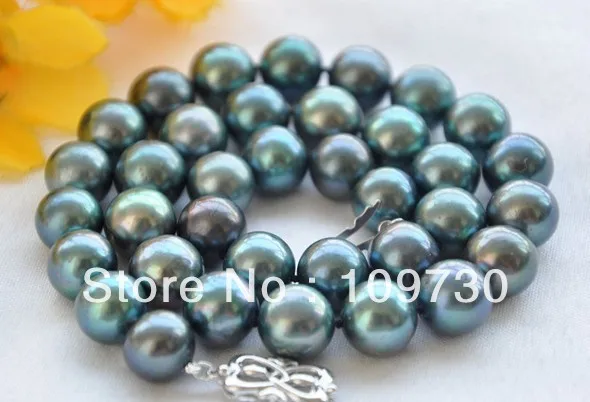 

Jewelry 001738 Lustre AA++17" 12mm ROUND PEACOCK BLACK PEARL NECKLACE 925SS
