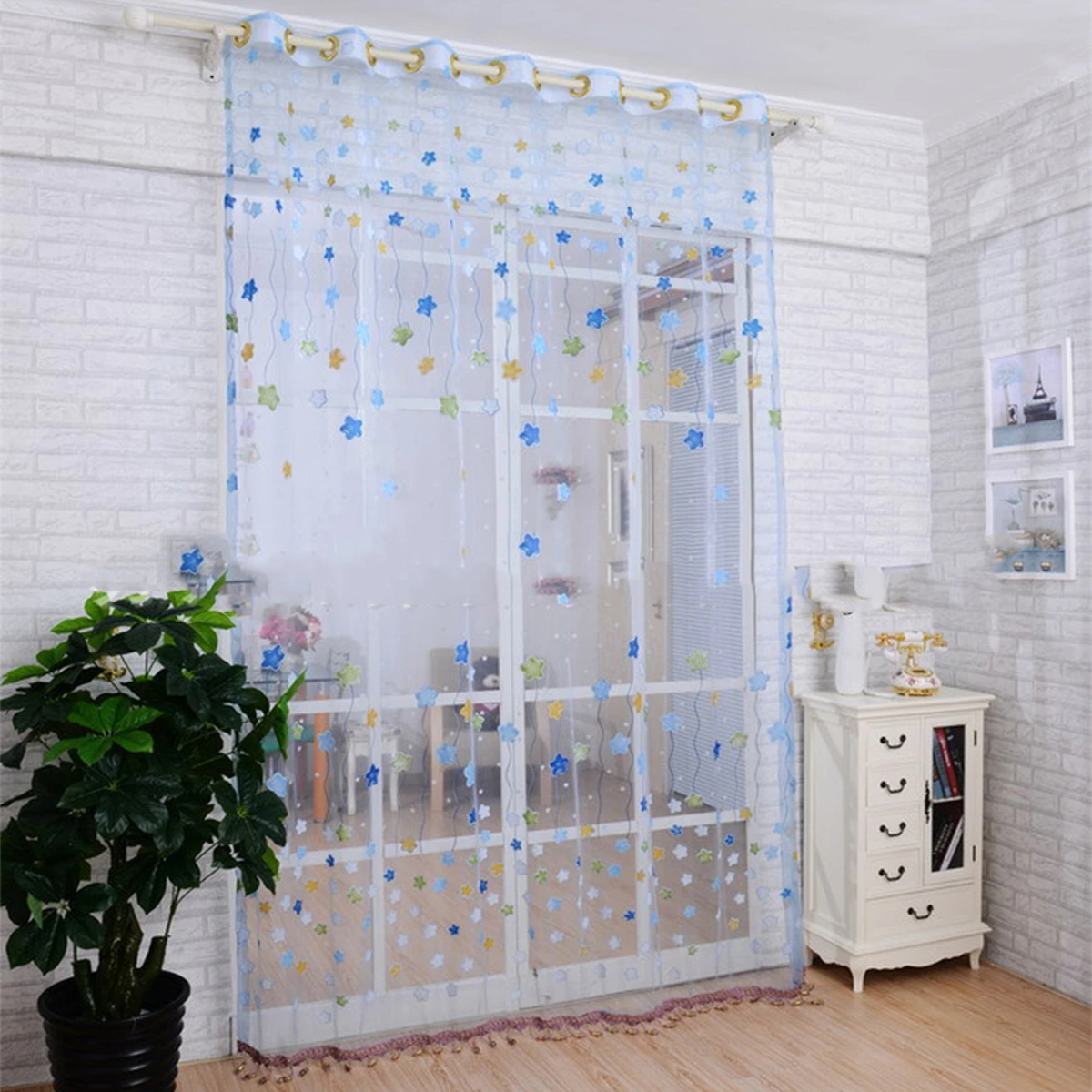 

Door Windows Panel Curtainf for Living Room 200 X 100cm Yarn String Curtain Cartoon Stars Printing Drape Decor Cute Style