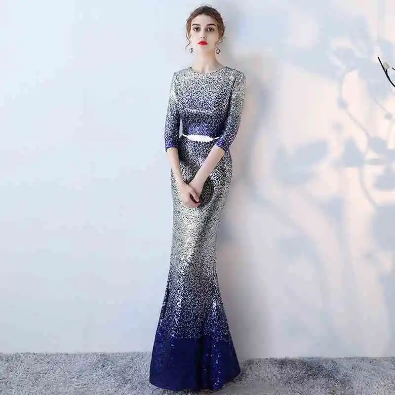 Unique O-neck Sequin Sashes Long Mermaid Evening Dress