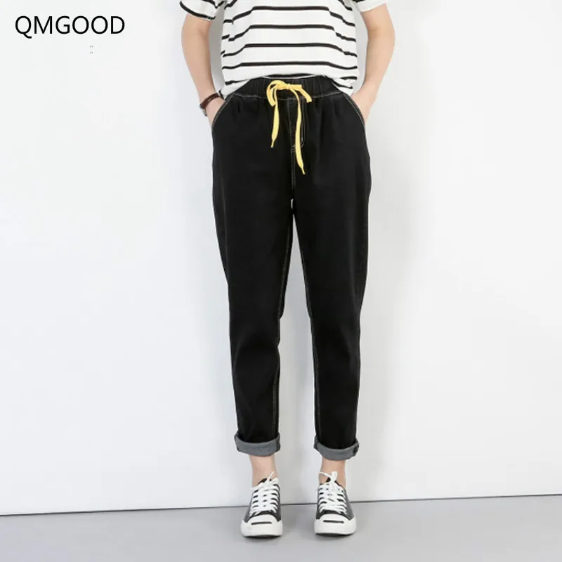 

2019 New Elastic Waist Boyfriend for Women Jeans Woman Plus Size Loose Jeans High Waist Stretch Denim Lace Up Haren Pants Femme