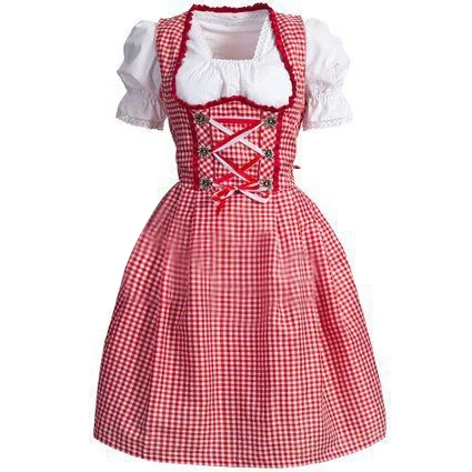 

Free Shipping Oktoberfest Beer Festival October Dirndl Dress Apron Blouse Gown Red Lattice German Bavarian Cosplay Costume
