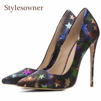 

Stylesowner print star decoration wedding shoes women slip on shallow pointed toe shiny thin high heel pumps zapatos mujer