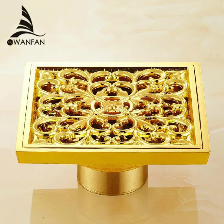 Drains 10x10cm Square Gold Brass Bath Shower Drain Strainer Floor Cover