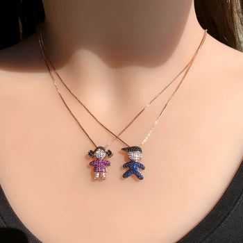 

Small Lovely Boy Girl Pendant Necklaces Full Paved Red Blue Cubic Zirconia Gold Color chain Cute Kid Choker Necklace Women Gift