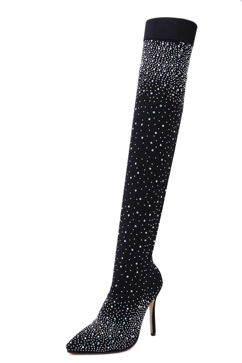 Дизайн бренда Женская мода с острым носком слинг Кристалл Сапоги выше колена длинный тонкий Обувь на высоком каблуке сапоги смотрятся носок из тонкого материала сапоги 40 - Цвет: Черный