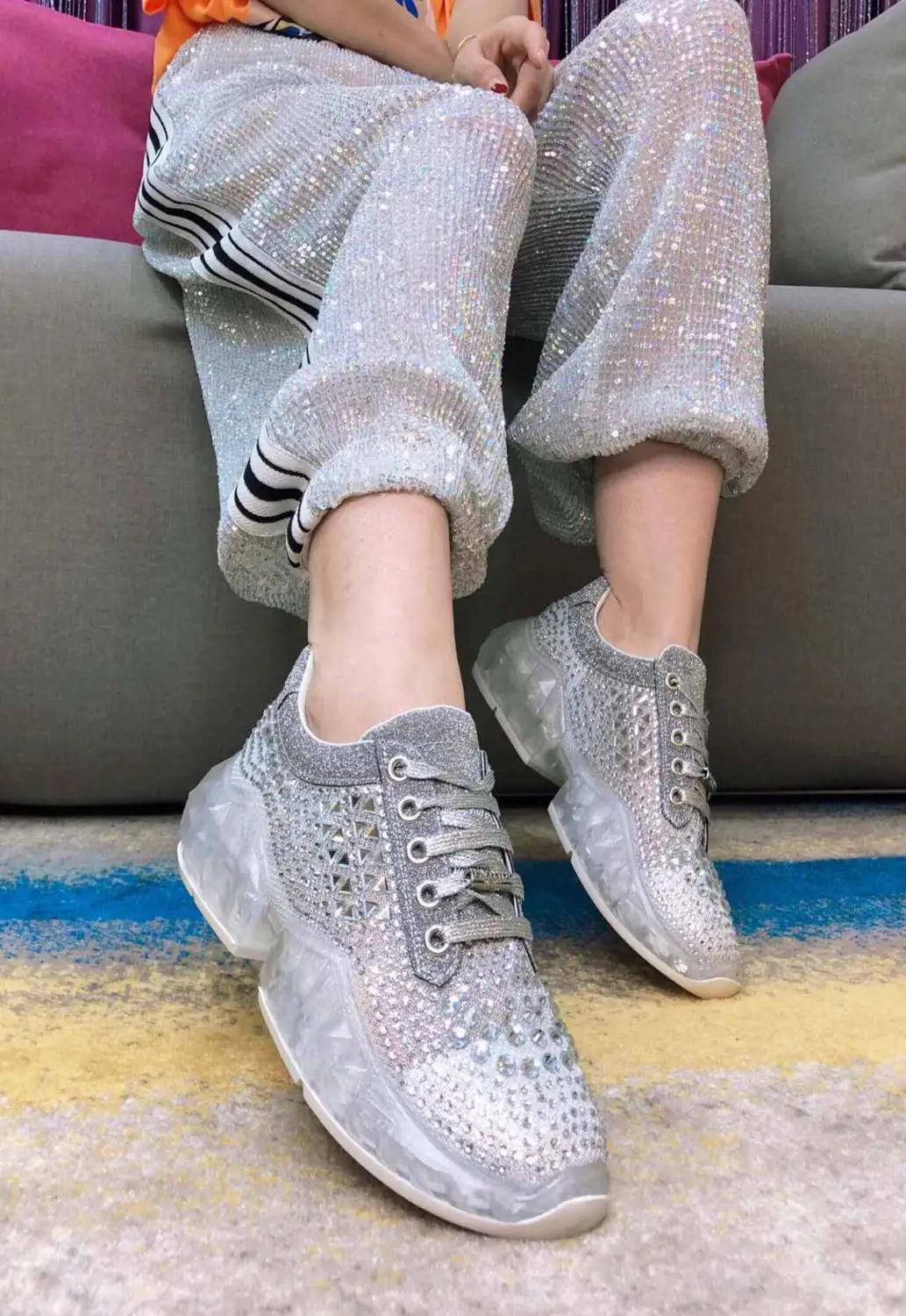 Fashion Casual Women's Sneakers Crystal Comfortable Breathable Transparent Combination Sloe Rhinestone Leisure Dady Shoes