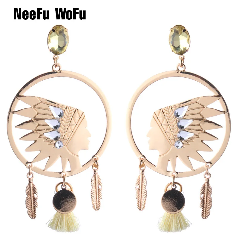 NeeFu WoFu 2020 Drop Big Earrings Indian head Earring Tassel earrings Crystal Large Long Brinco Ear Oorbellen Christmas Gift | Украшения и