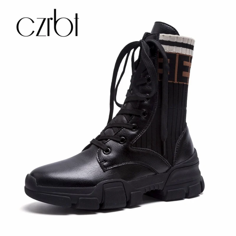 

czrbt New Cowhide Martin Shoes in Fall/Winter 2018 European and American Style Round Head Splicing Lace Elastic MidCalf Boots