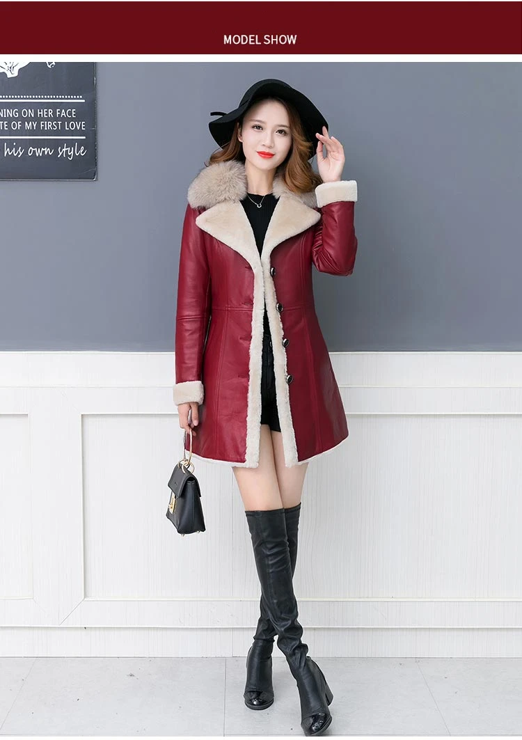Зимнее женское пальто из овечьей кожи, черный, винно-красный овечий мех, утолщенная теплая женская кожаная куртка, верхняя одежда
