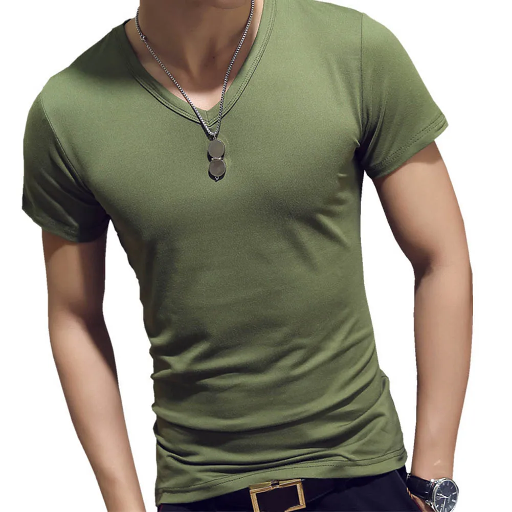 Корейская Летняя мужская футболка с коротким рукавом и v-образным вырезом, одноцветные топы, повседневные футболки для спортзала и фитнеса GDD99