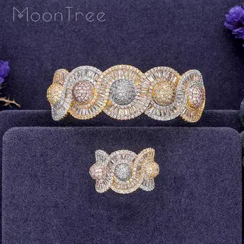 

MoonTree Luxury Rhinestones Twist Shape Luxury Cubic Zircon 3 Tone Color Copper Wide Bangle Ring Fashion Jewelry Set