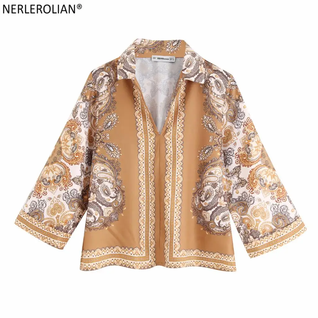

NERLEROLIAN 2019 Women Yellow Shirts Floral Long Sleeve Turn-down Collar Summer Top Blouses