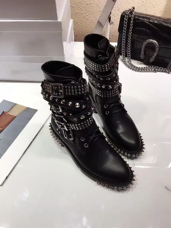 Studded women Spring Autumn boots round toe rivet&buckle decoration lace-up women ankle boots designer boots black grey