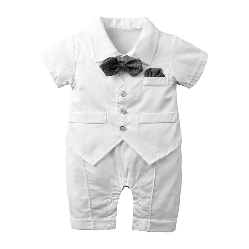 Джентльменский комбинезон для новорожденных мальчиков, летняя одежда с короткими рукавами и галстуком-бабочкой, костюм для свадебной вечеринки, комбинезон для новорожденных, цвет белый,, синий