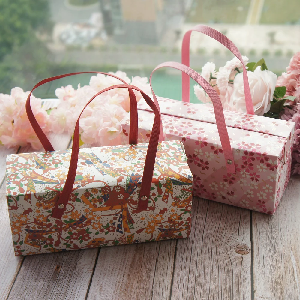 

Yellow Pink Flower 5pcs Portable Paper Box As Roll Cake Cookie Candy Handmade Wedding Birthday Party Gifts Packaging