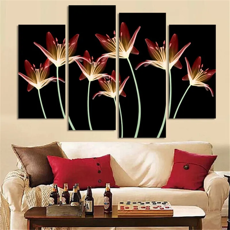 4 панели без рамы скандинавские абстрактные лилии настенные цветок рисунки на холсте Современная Модульная картина для украшения гостиной