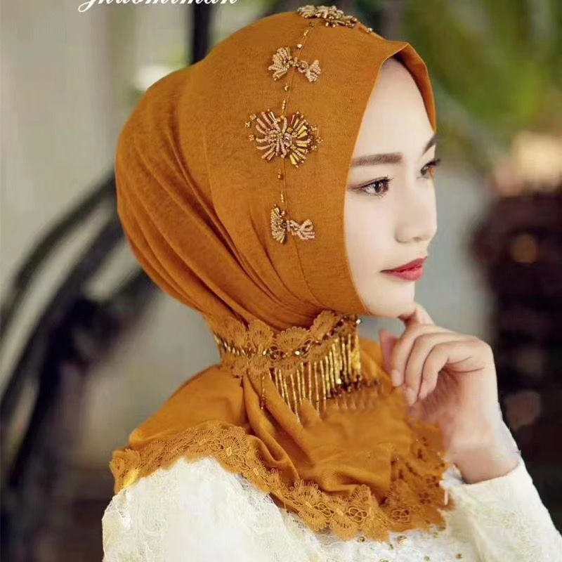 

Womens Luxurious Beading Scarf Muslim Hijab Fashion Embroidery Decor Islamic Soft Breathable Hijab Head Wrap #YS724