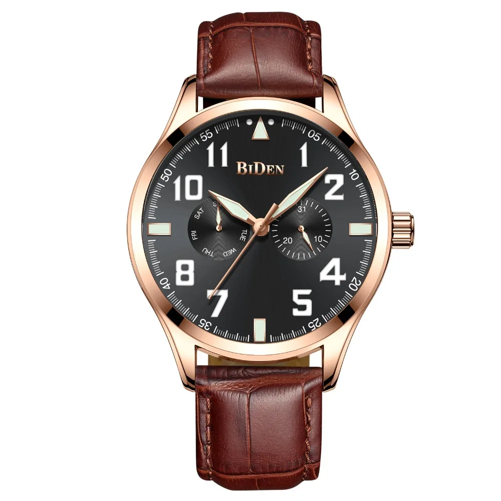 

BIDEN Mens Wristwatches Waterproof Brand Genuine Leather Man Watches Quartz Calendar Week Male Clocks Citizen Movement