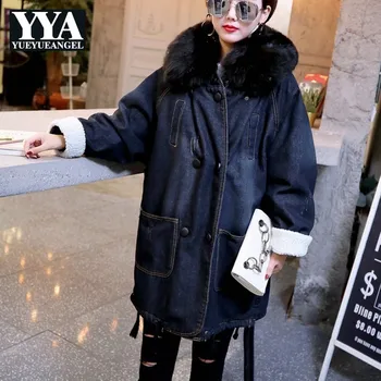 

New Fashion Denim Jean Coats Women Double Breasted Long Sleeve Fur Lining Warm Parkas Female Hooded Big Collar Large Size XL-5XL