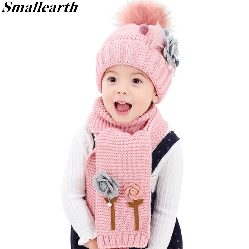 

2pcs/set Winter Baby Knitted Hats Scarf Girls Warm Floral Cap Protects Ear Caps + Scarf Suits Children Beanies Photography Props