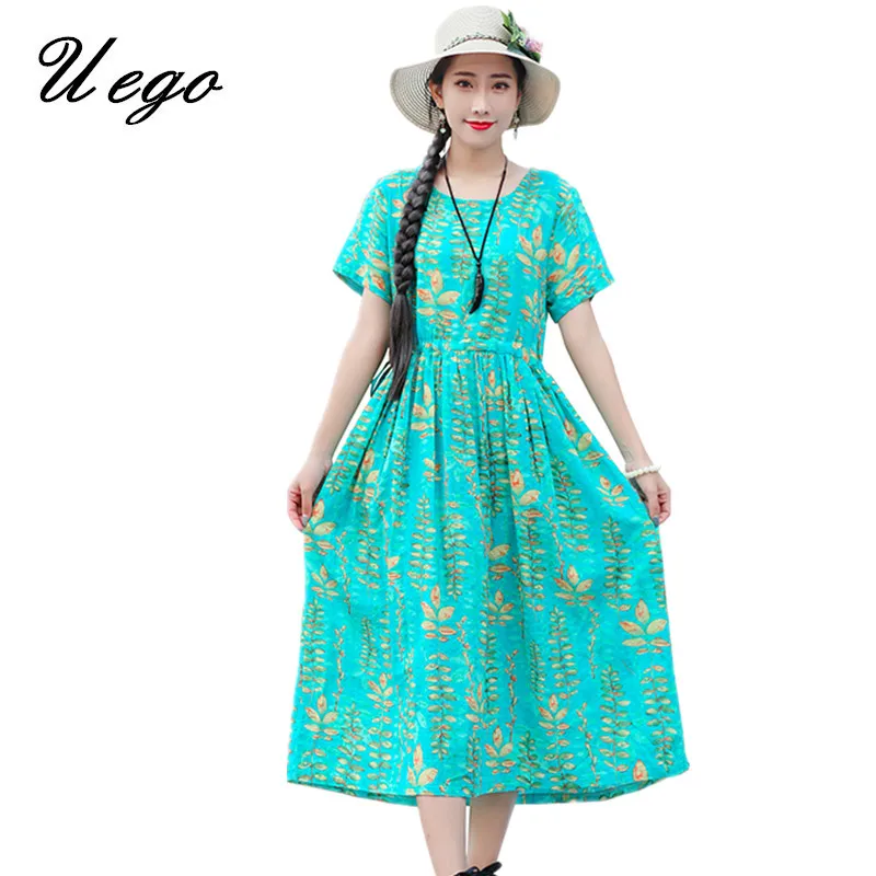 

Uego Fashion Print Floral Prairie Chic Vintage Dress Thin Light Soft Cotton Linen Loose Summer Dress Women Casual Midi Dress