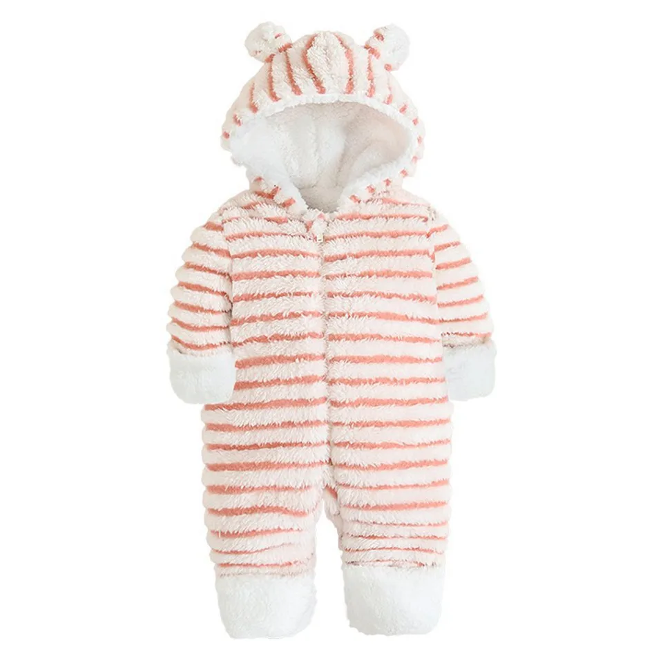 Детский плюшевый комбинезон в полоску с длинными рукавами; зимний комбинезон в полоску для новорожденных; зимние комбинезоны для маленьких девочек и мальчиков; зимние комбинезоны - Цвет: pink stripe