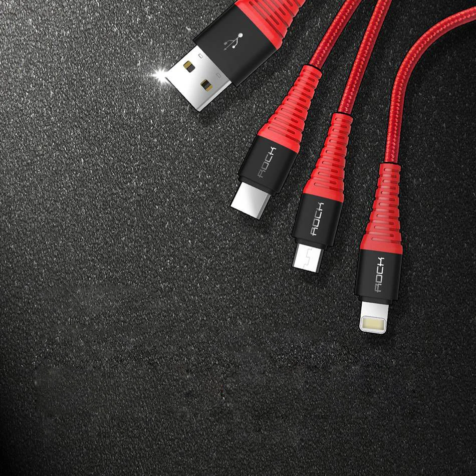 ROCK 3 в 1 высокопрочный зарядный телефонный кабель для iPhone X, 3 А быстрое зарядное устройство Micro USB кабель usb type C для samsung GALAXY S8