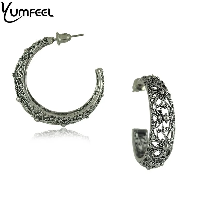 Yumfeel, брендовые Винтажные серьги-кольца, металлические, с античным посеребрением, полые, цветочный дизайн, Винтажные серьги-кольца для женщин, Brincos