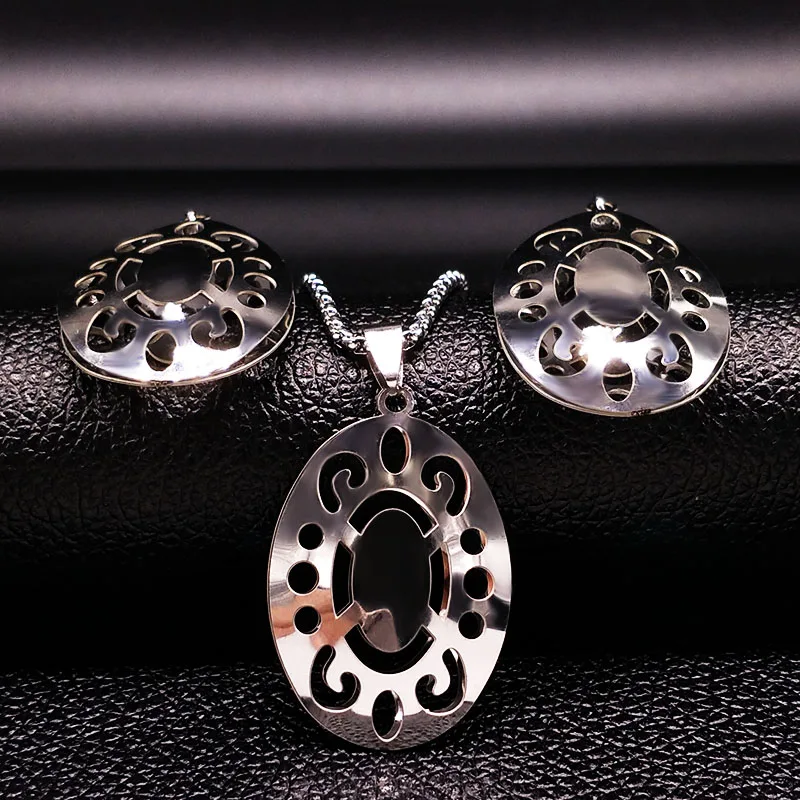

Luxury Stainless Steel Costume Jewelry Set Women Jewelry Silver Color Earrings Necklace Ladies Jewellery Sets parure S176142