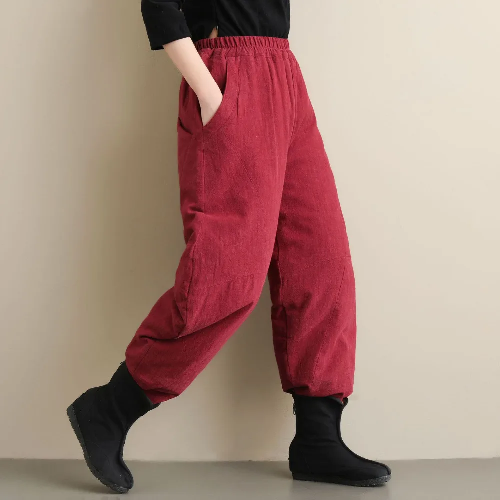 2019 winter New Cotton padded trousers women Pure color High waist Cotton and linen trousers