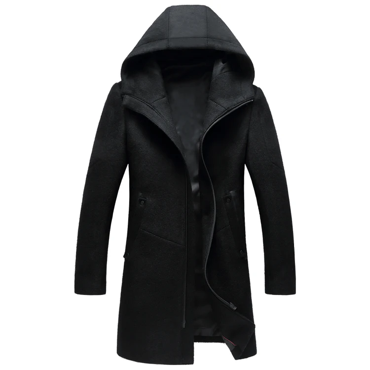 Мужские шерстяные пальто, куртки, зимняя кашемировая куртка с капюшоном, Мужская брендовая модная верхняя одежда, теплое пальто на молнии, шерстяное бушлат 3XL - Цвет: Black