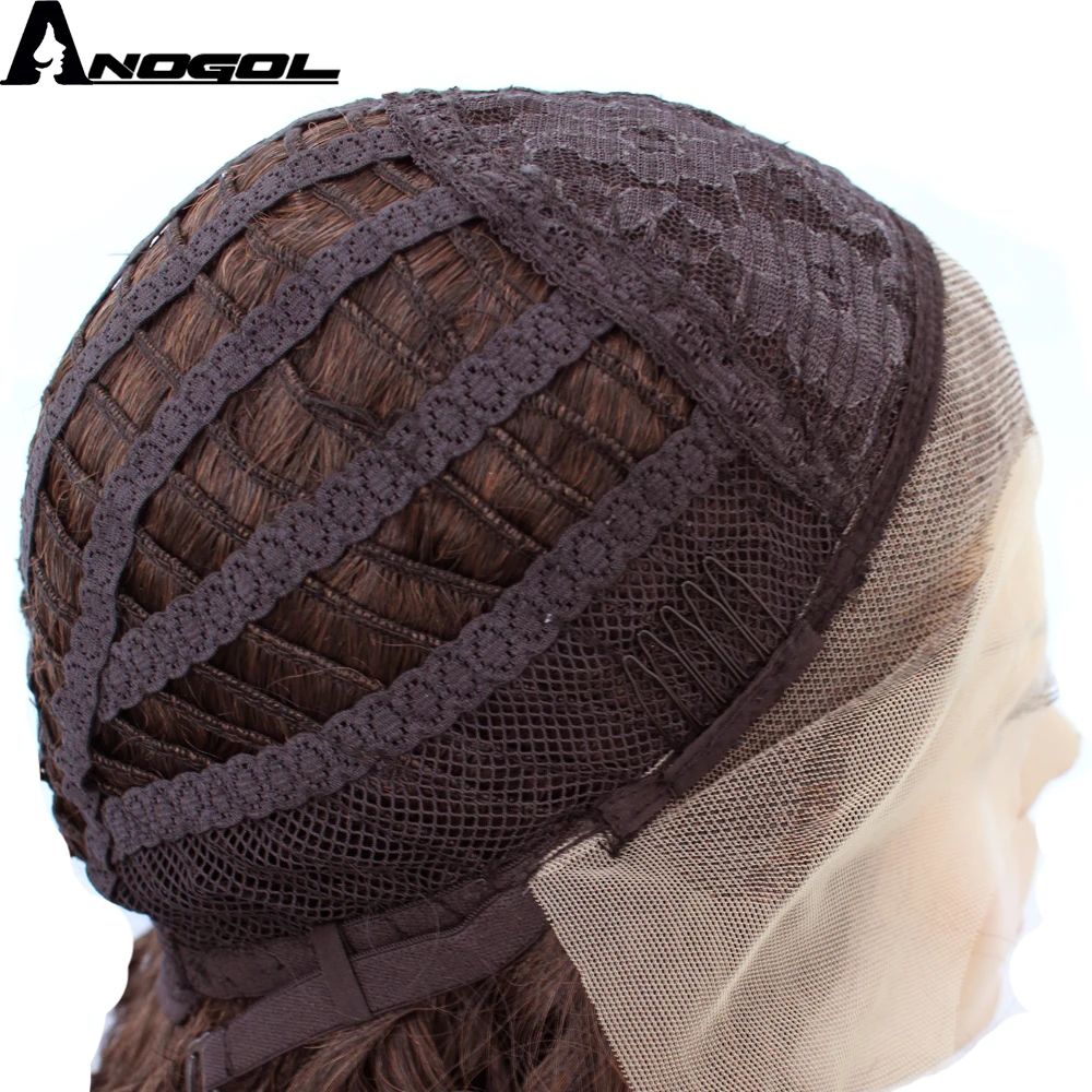 Anogol Handmade Synthetic Lace Front Wig Long Curly Medium Brown Peruca Laco Sintetico Heat Resistant Natural Fully Hair Wigs