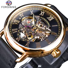 Forsining классические черные золотые ажурные часы Скелет Мужские механические наручные часы Лидирующий бренд Роскошные черные из натуральной кожи