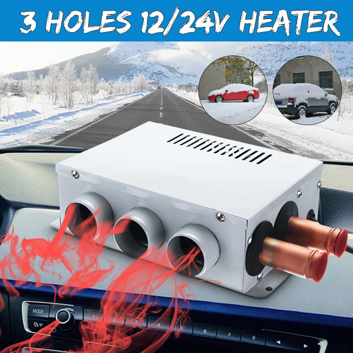

12V 24V 80W 3Hole Portable Car Vehicle Heating Heater Warmer Low Noise Cooling Compact Heater Defroster Demister Machinery Parts