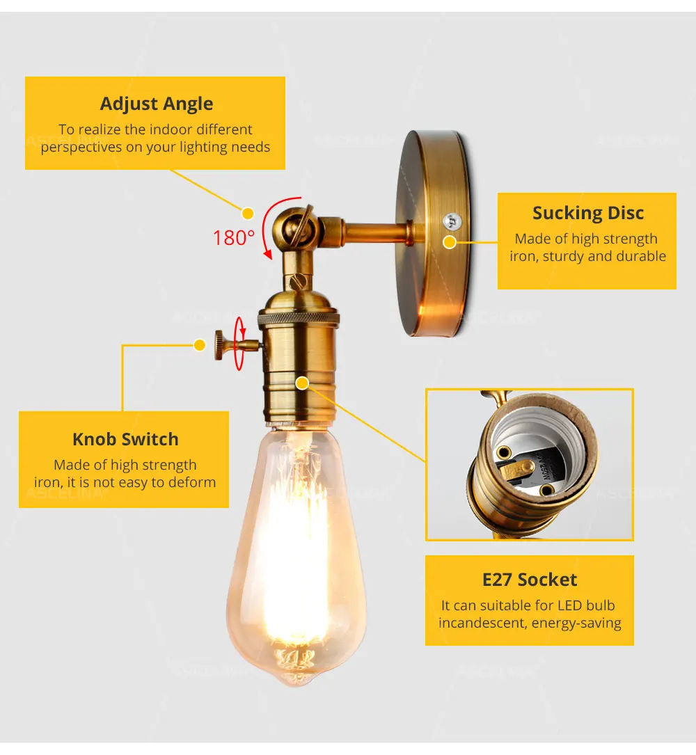 Золотое настенное бра, промышленный настенный светильник, винтажный настенный светильник, лофт для E27, лампа, железный Ретро, домашний декоративный светильник, светильники