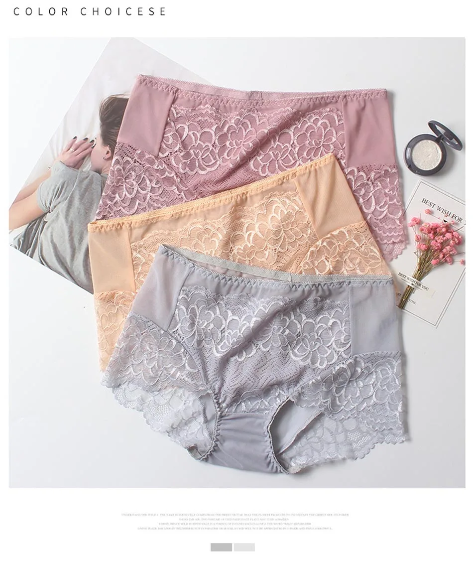 Plus Size Women Sexy Lace Panties Women's Mid Waist Seamless Cotton Briefs Underwear Lingerie Calcinhas Intimates Underpants (13)